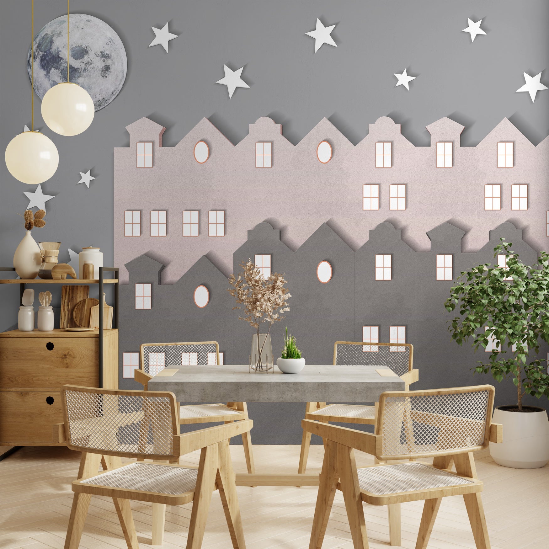 Cosmic cityscape inspired wall design featuring Tara Nagari motifs with celestial tones and a futuristic urban landscape aesthetic