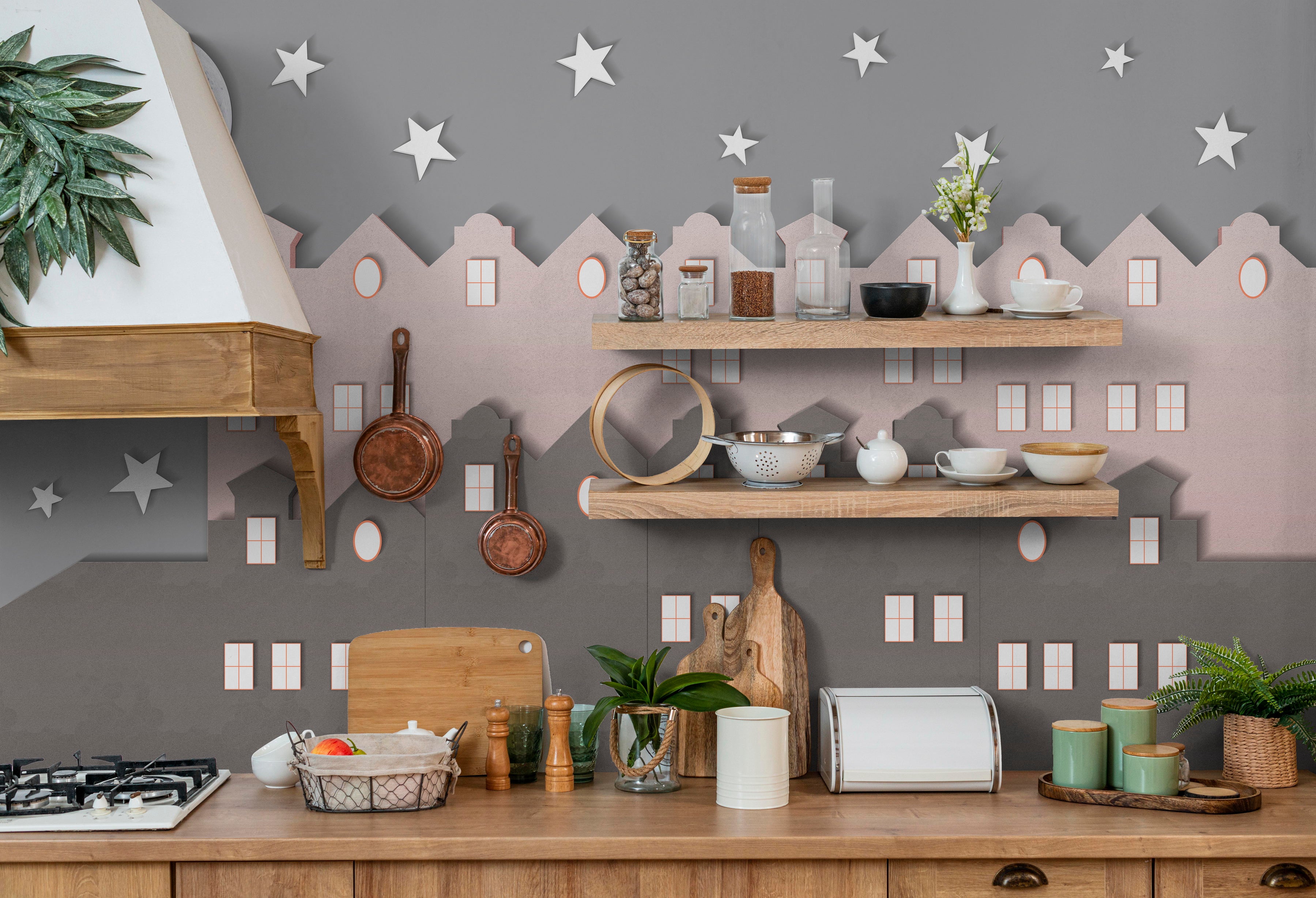 Cosmic urban wall design featuring layered city forms and astral detailing for a bold, imaginative interior