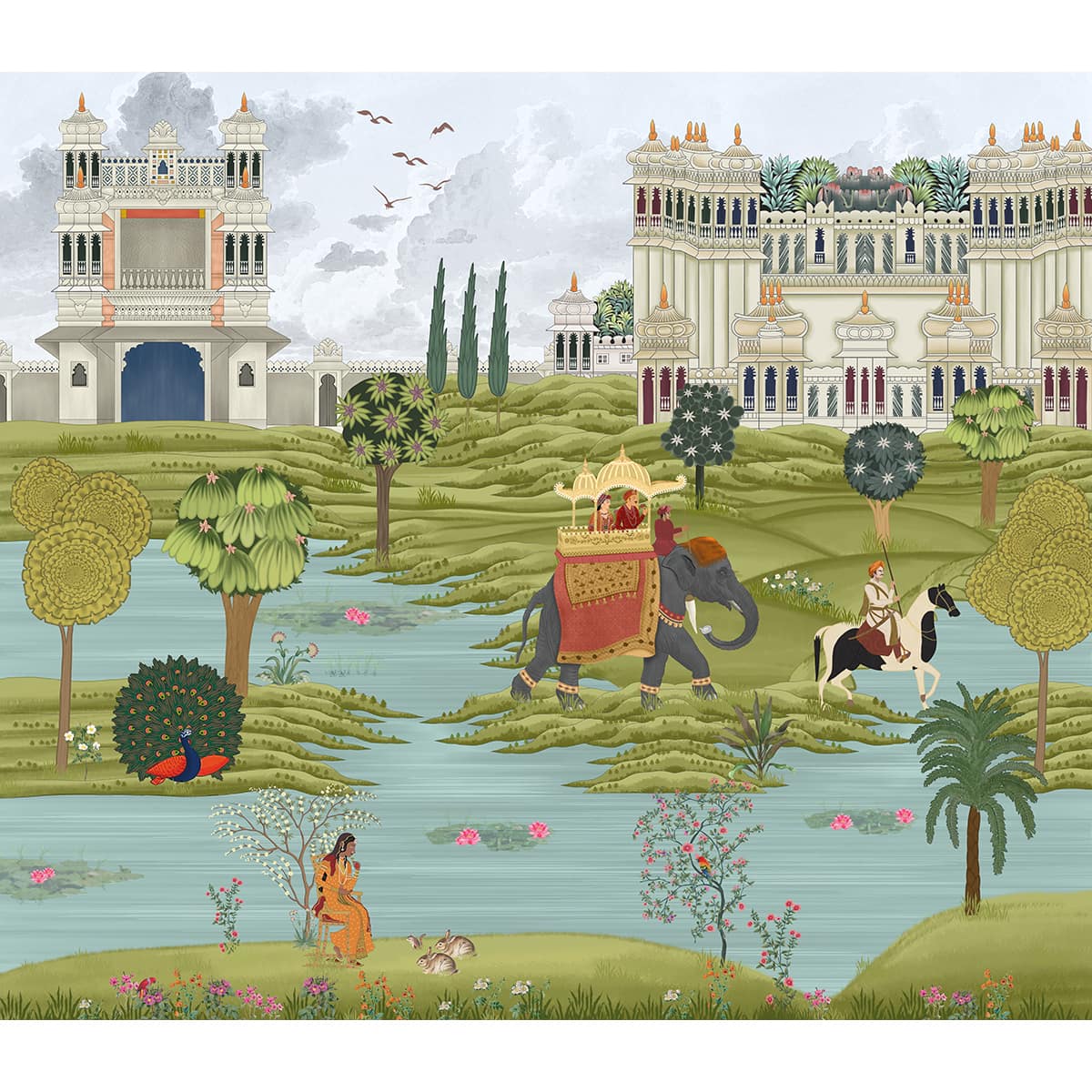 Indian village countryscape mural featuring peaceful fields, rustic elements, and timeless rural aesthetics