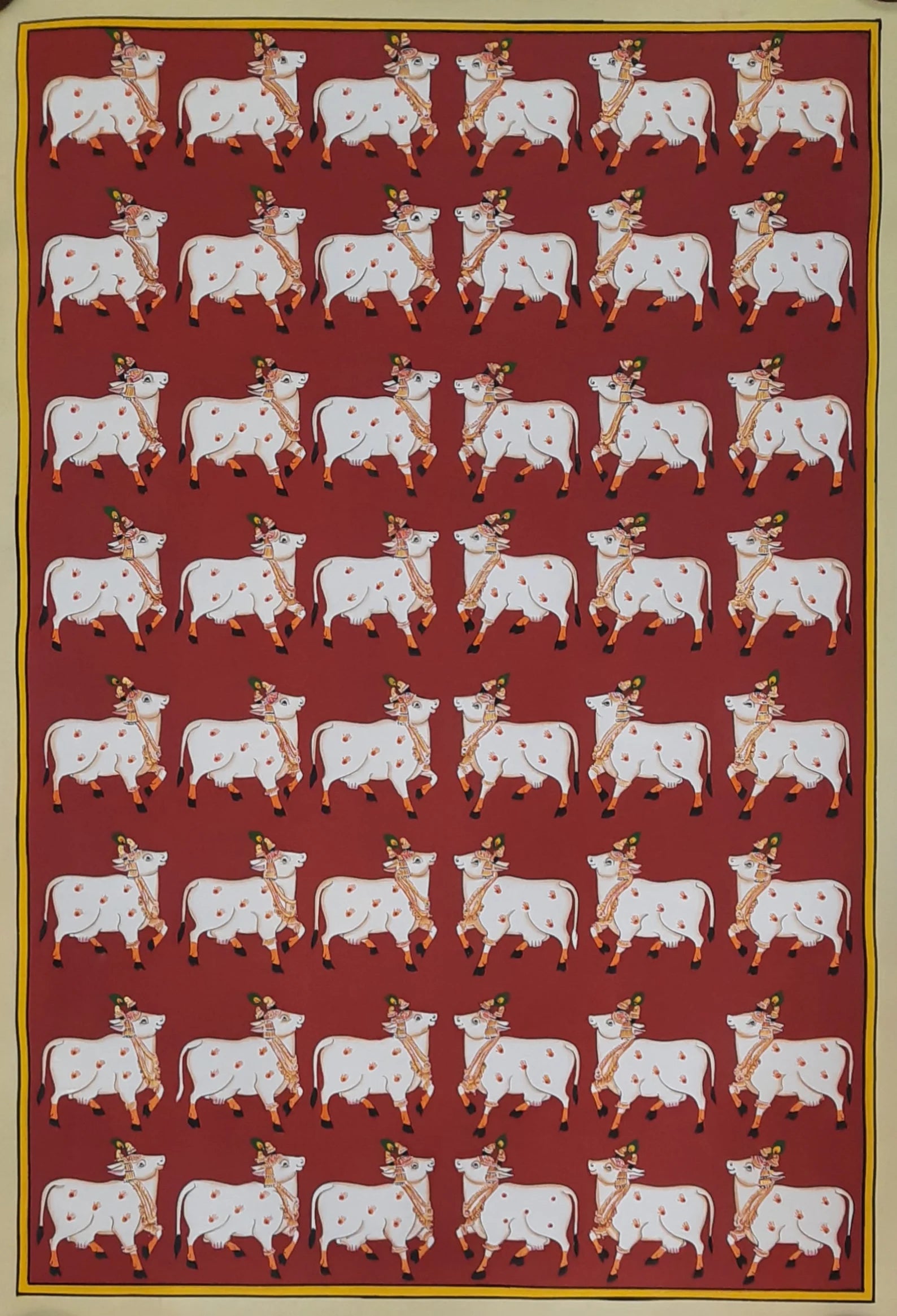 Hand-painted Cows Pichwai artwork with rhythmic cow pattern and vibrant pigments