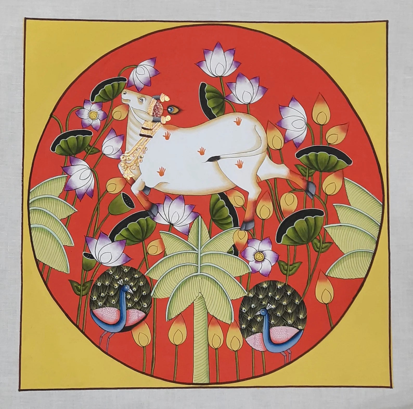 Cows Pichwai artwork with yellow backdrop highlighting sacred cow symbolism