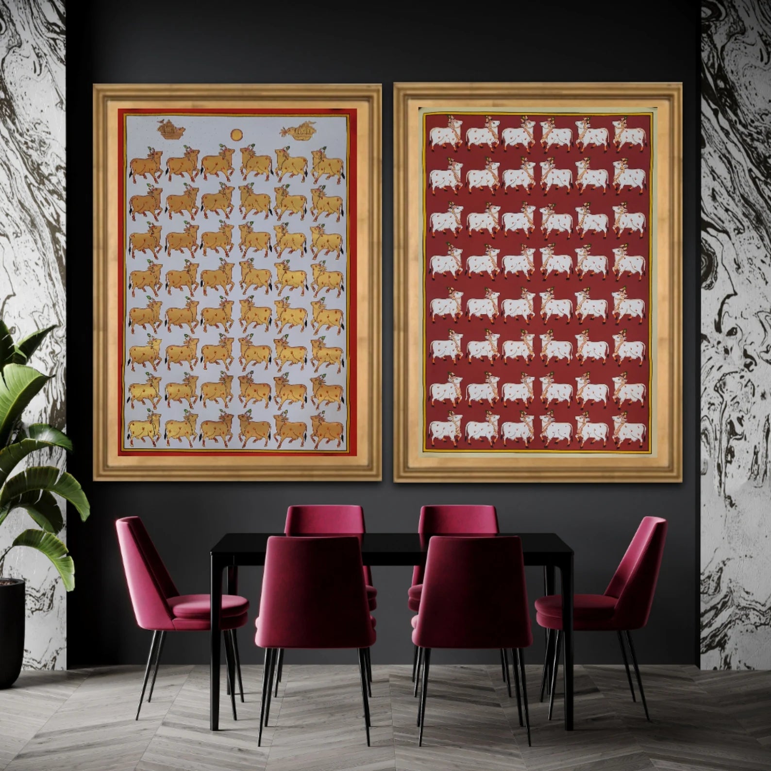 Traditional Cows Pichwai painting showcasing detailed cow figures in a repeating layout