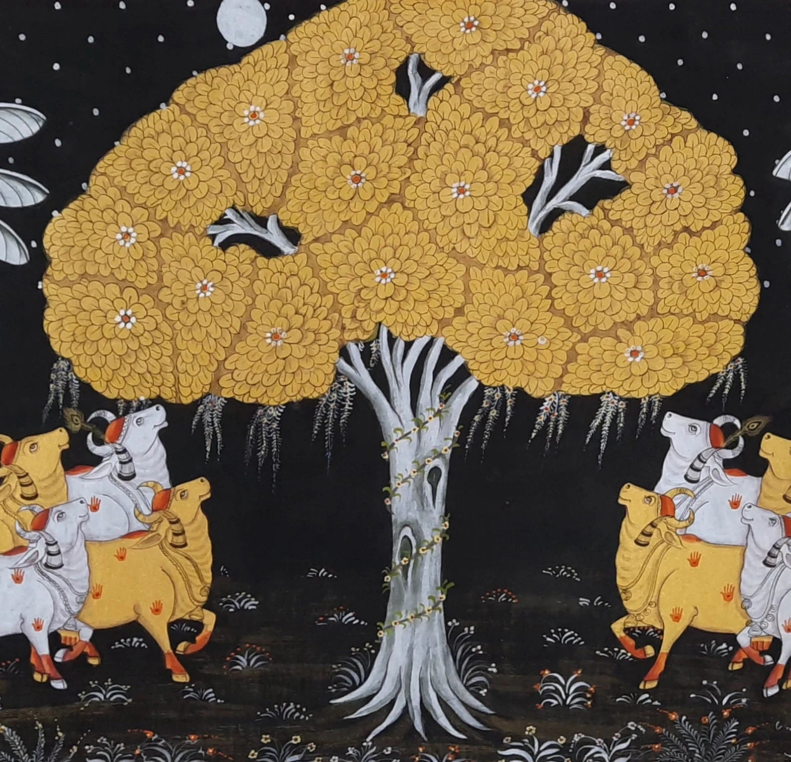 Cows Pichwai painting showing cows gathered around a symbolic tree in traditional style