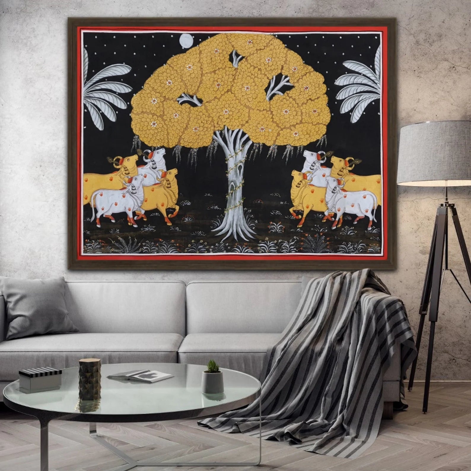 Traditional hand-painted Cows Pichwai artwork displayed as Indian devotional wall art