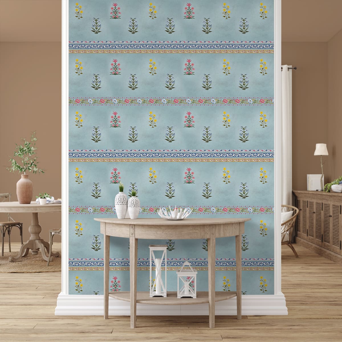 Palace Pastels Sharmana wallpaper - customized Floral patterned wallpaper with blue pink and yellow flowers for living room