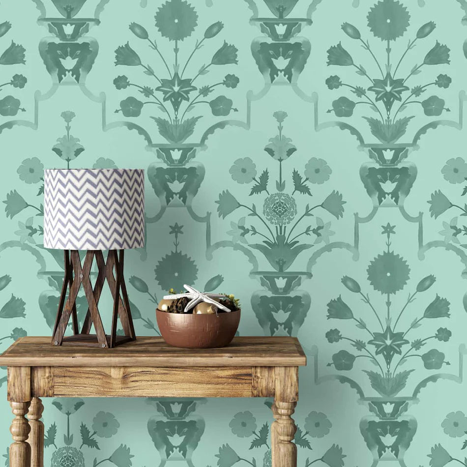 Verdant Grandeur Bagh Wallpaper - Customized green floral patterned wallpaper
