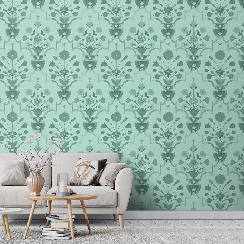 Verdant Grandeur Bagh Wallpaper - Customized green floral patterned wallpaper for living room