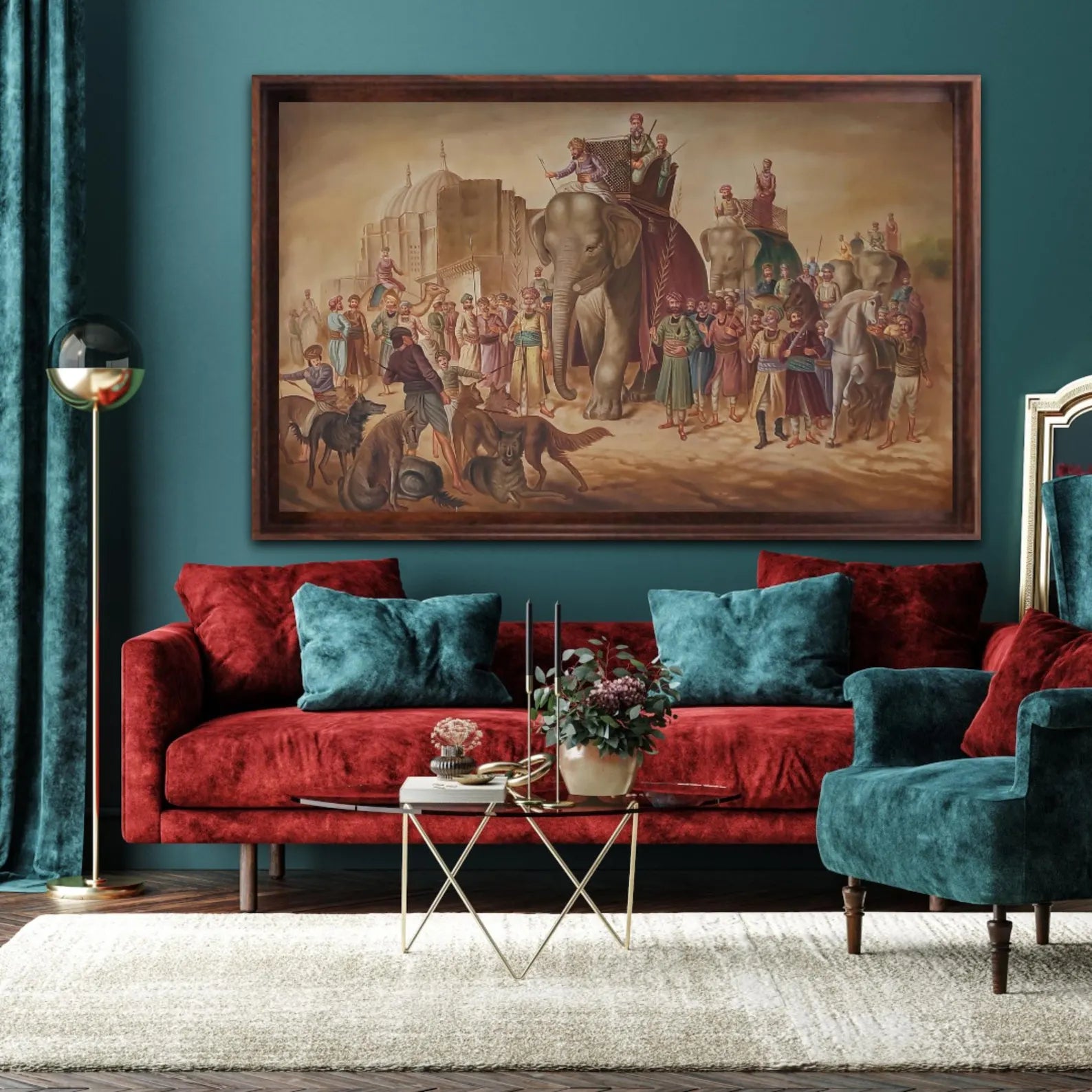 Large elephant procession oil painting enhancing a living room with cultural elegance