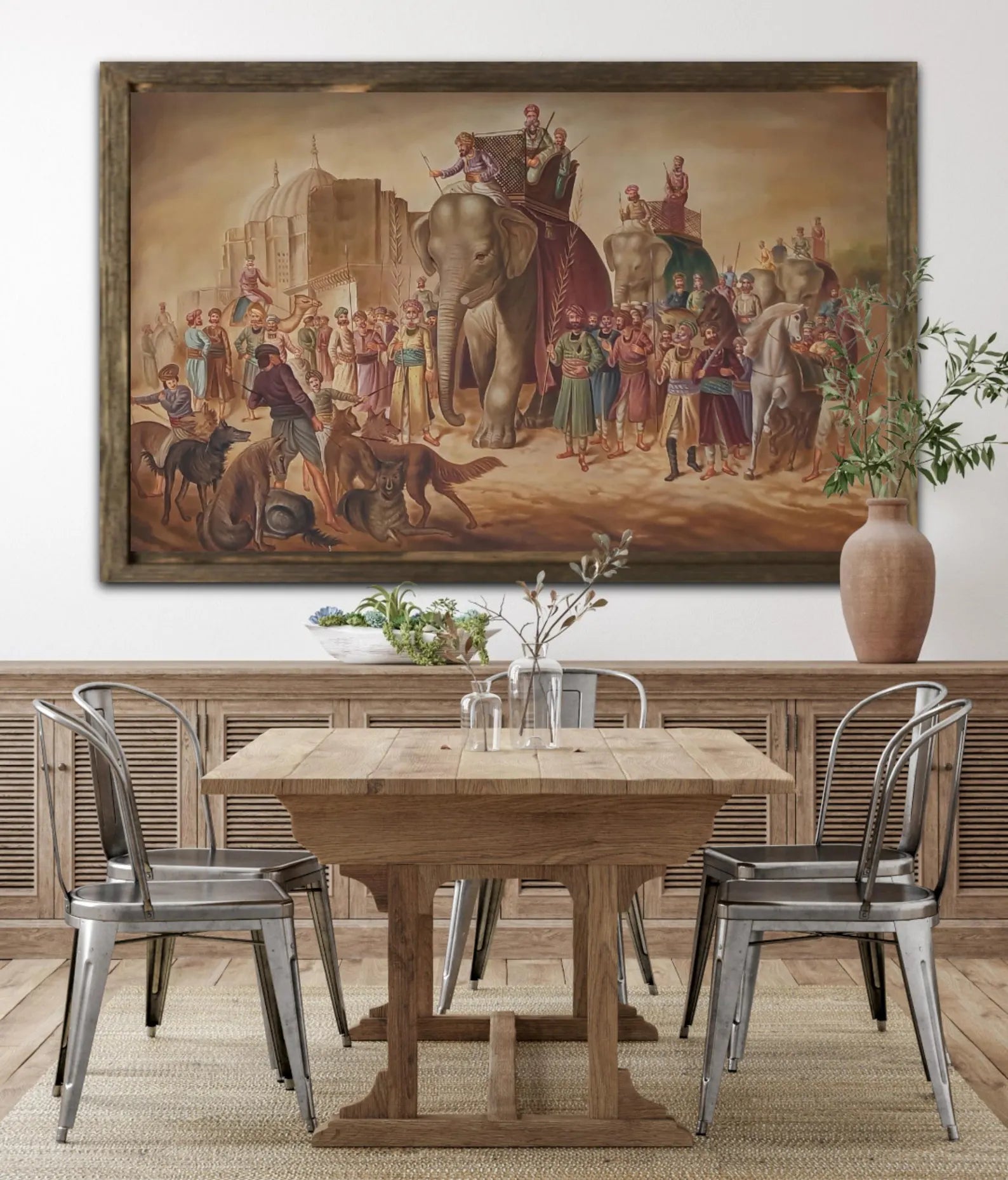 Hand-painted elephant procession oil canvas painting displayed in a dining area