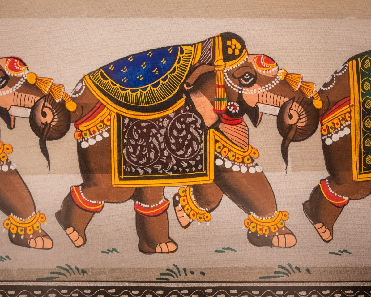 Close-up of elephant procession painting highlighting decorated elephants and intricate detailing