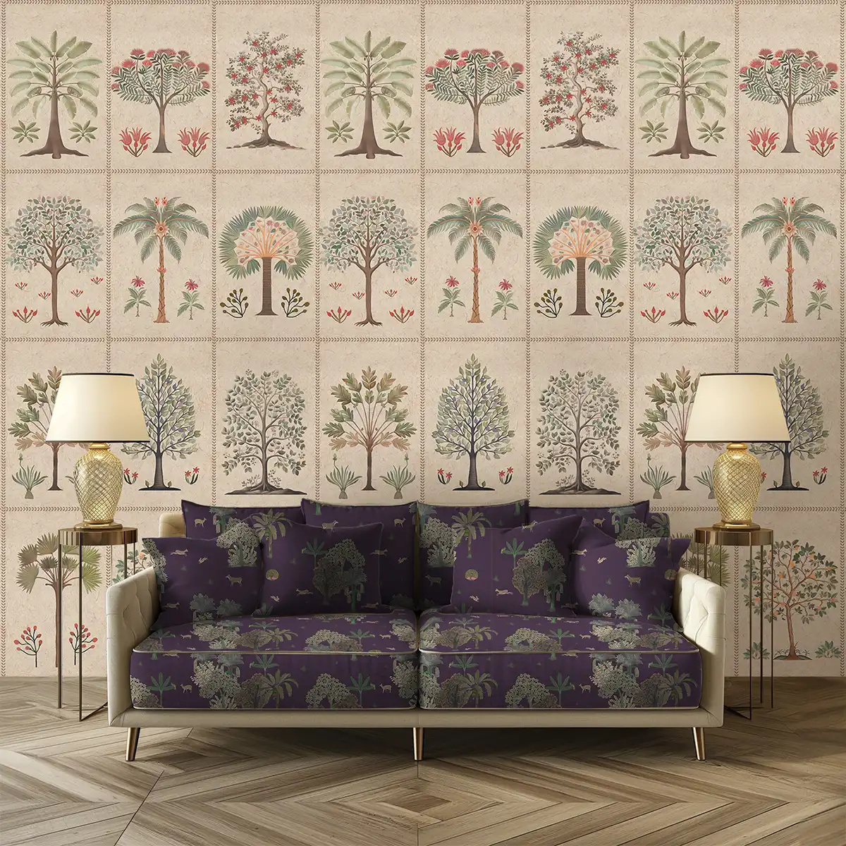 Floral botanical wallpaper with repeating vines and garden motifs, designed as a soothing accent wall for modern and heritage-inspired interiors.