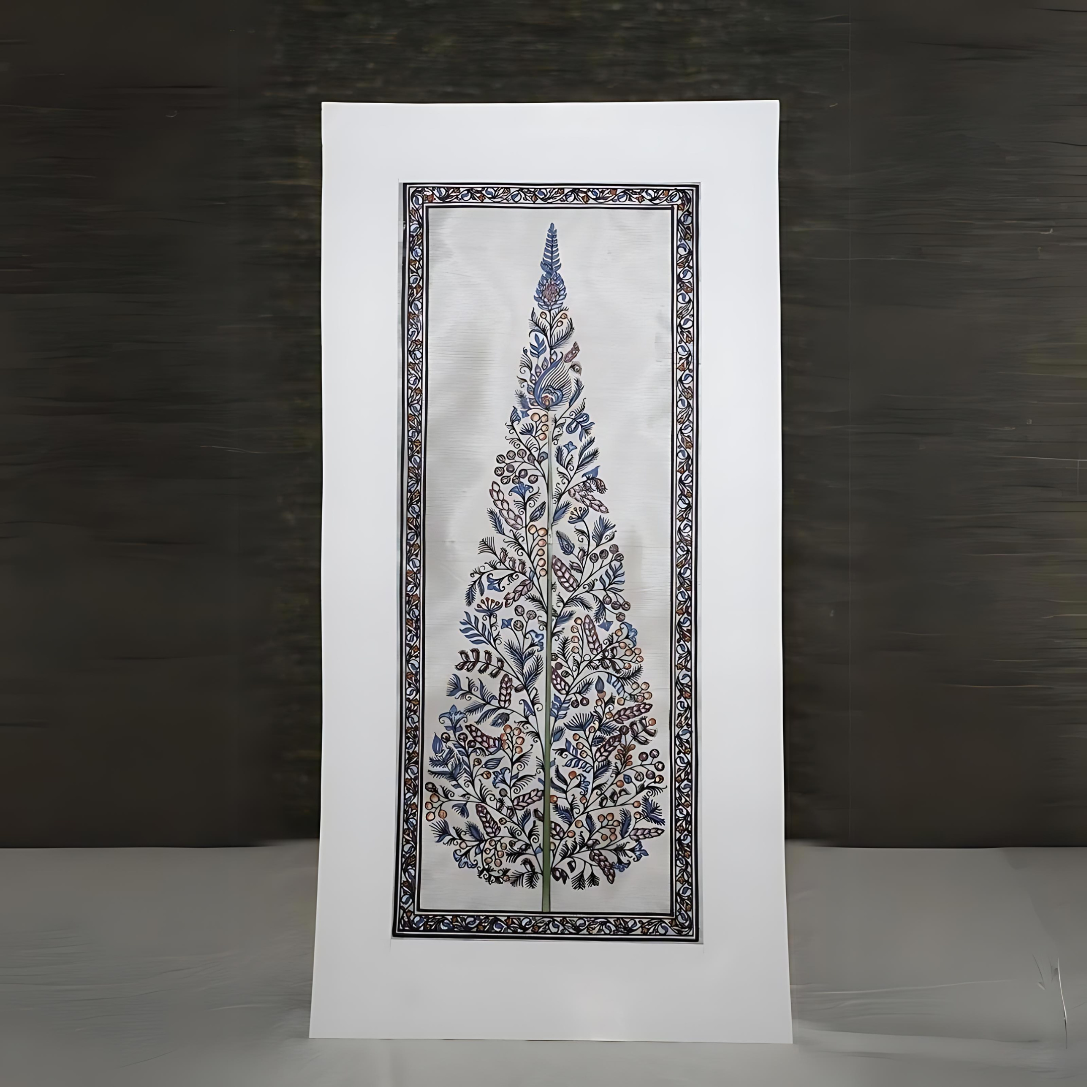Tall silk tree painting framed in white with intricate foliage pattern serene nature inspired wall décor