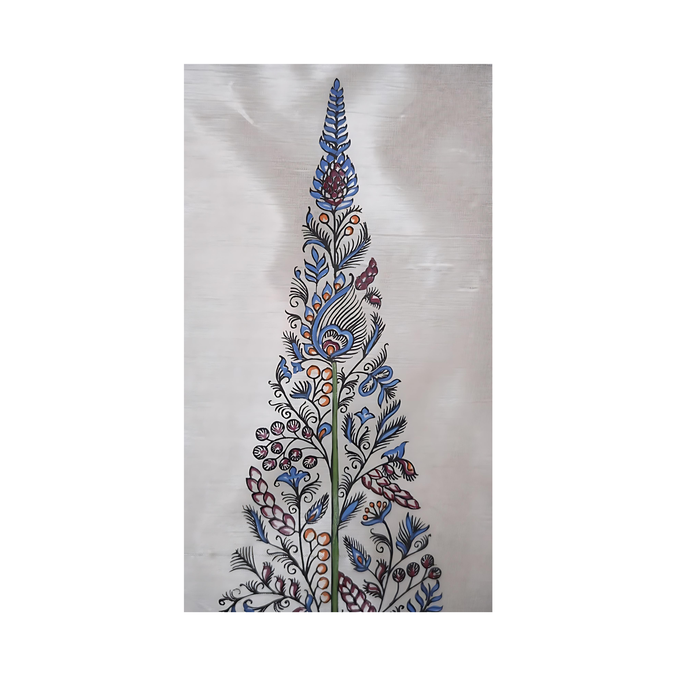 Detailed silk painting of a branching tree motif with subtle blue and red tones artistic Indian décor accent