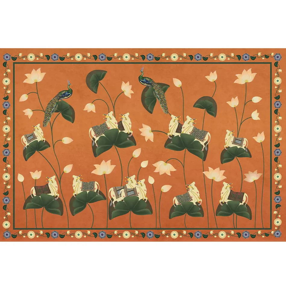 Sacred Blooms Pichwai Ochre Wallpaper - customized traditional animal wallpaper with peacocks and surabhi cows buy now