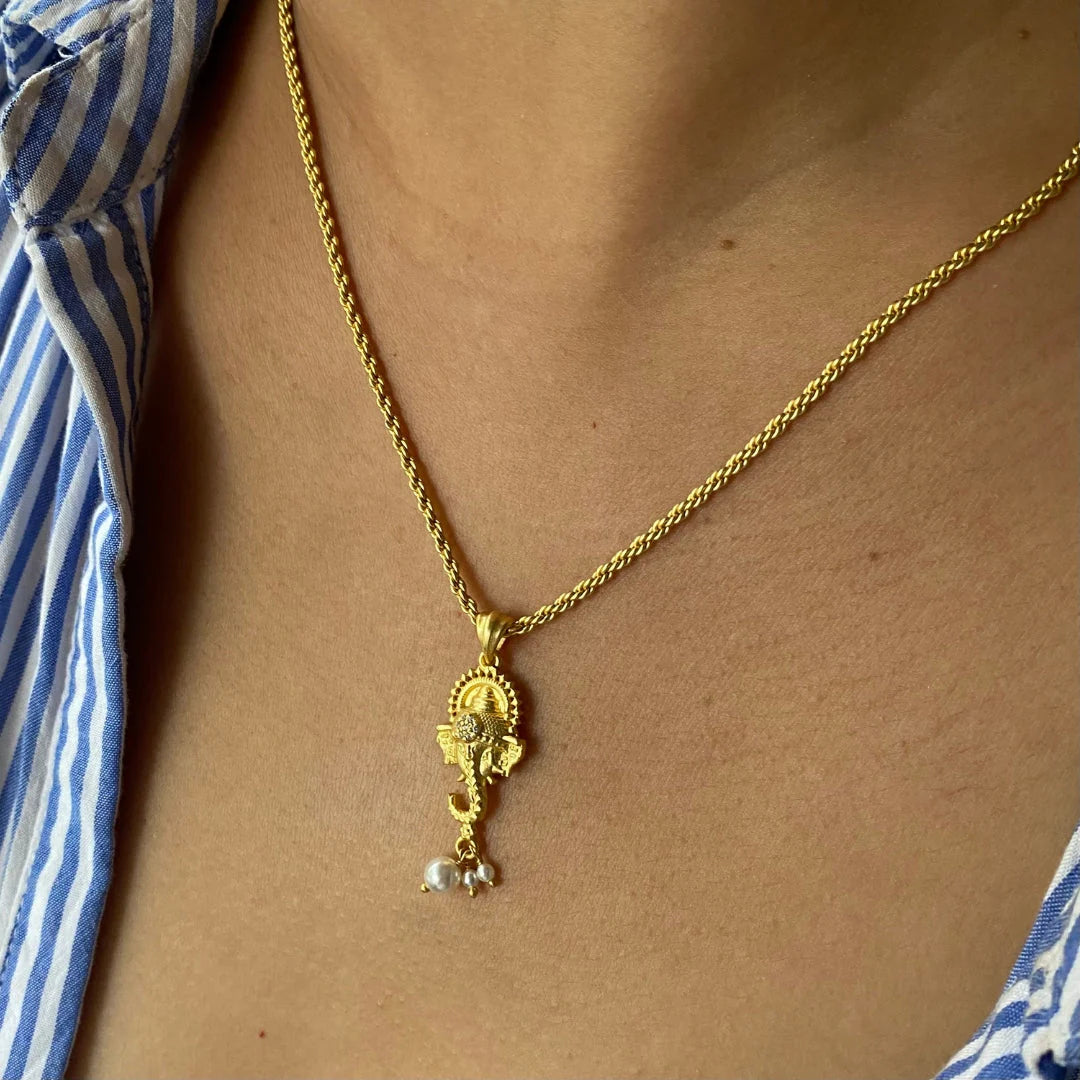 Divine Face Ganesh Pendant Necklace with Pearls and Cubic Zircons