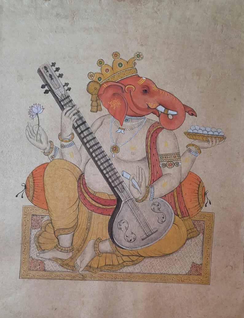 Devotional handmade painting of Lord Ganesha created with fine artistic detail