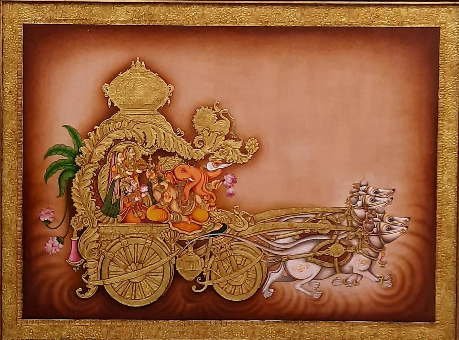 Detailed Tanjore painting of Lord Ganesha highlighting rich colors and gold accents