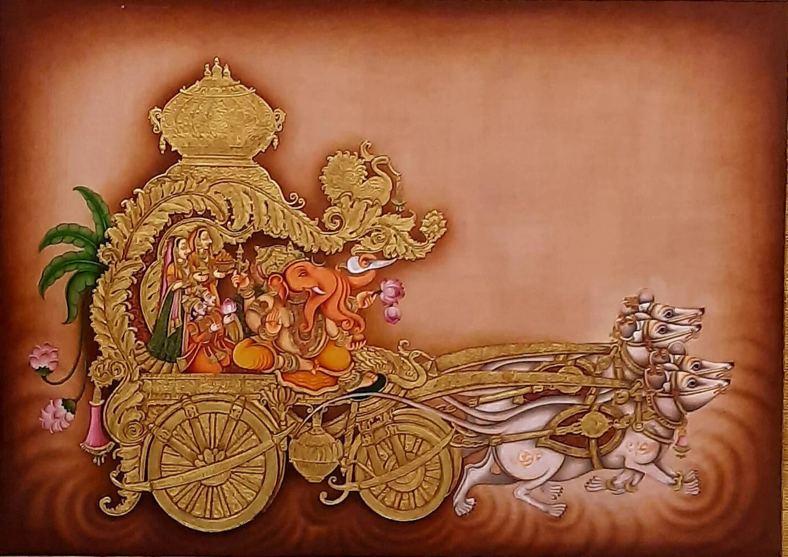 Hand-painted Lord Ganesha Tanjore artwork displayed as devotional wall art