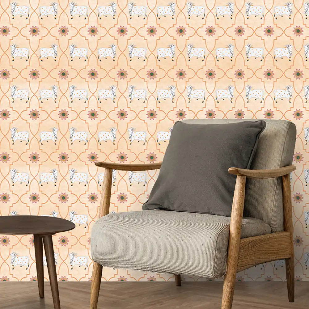 Decorative wall design inspired by Gauvandana showcasing stylized cattle with intricate patterns and cultural symbolism