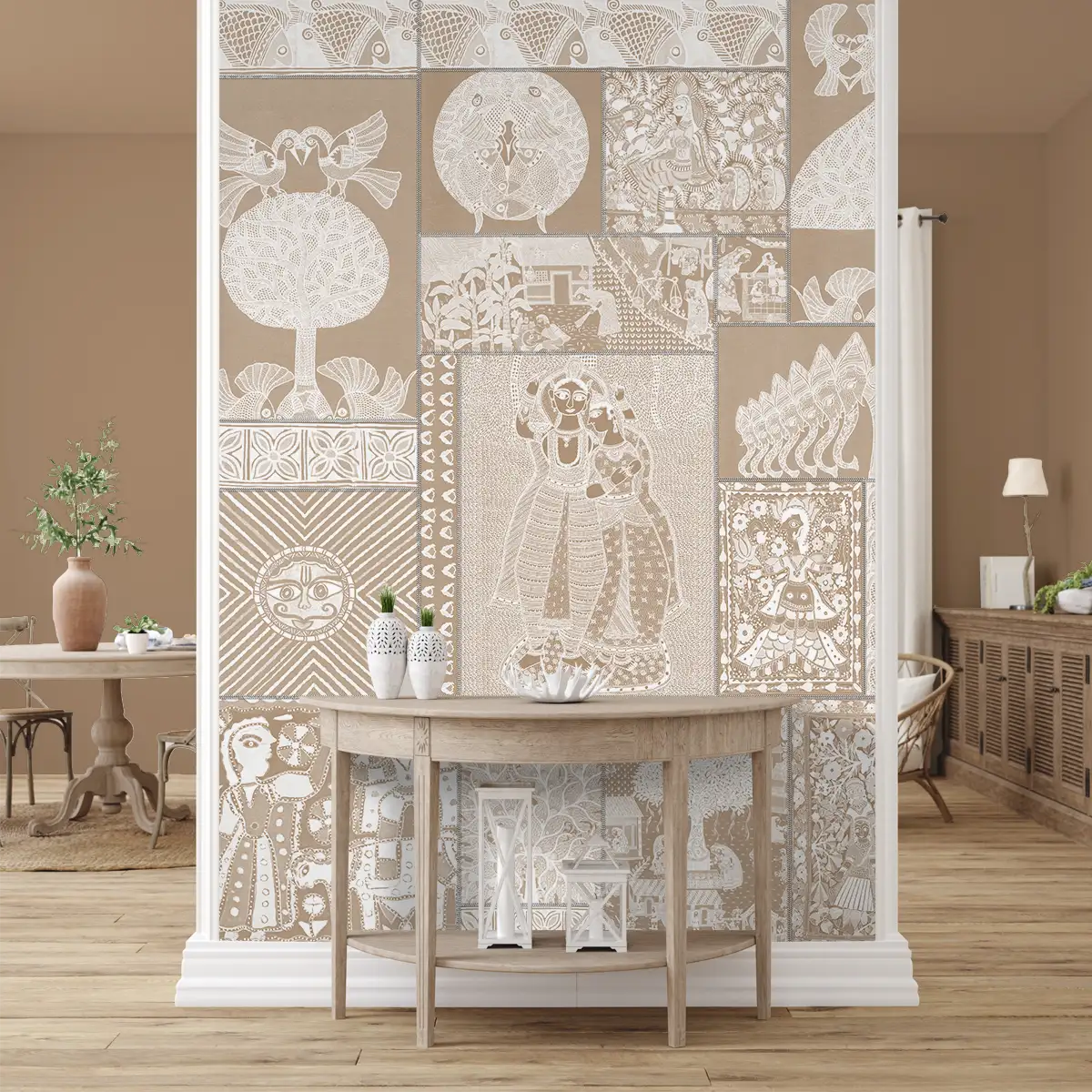 Clay Reverie Geet Madhubani wallpaper - Customized Indian heritage wallpaper with peacocks and krishna