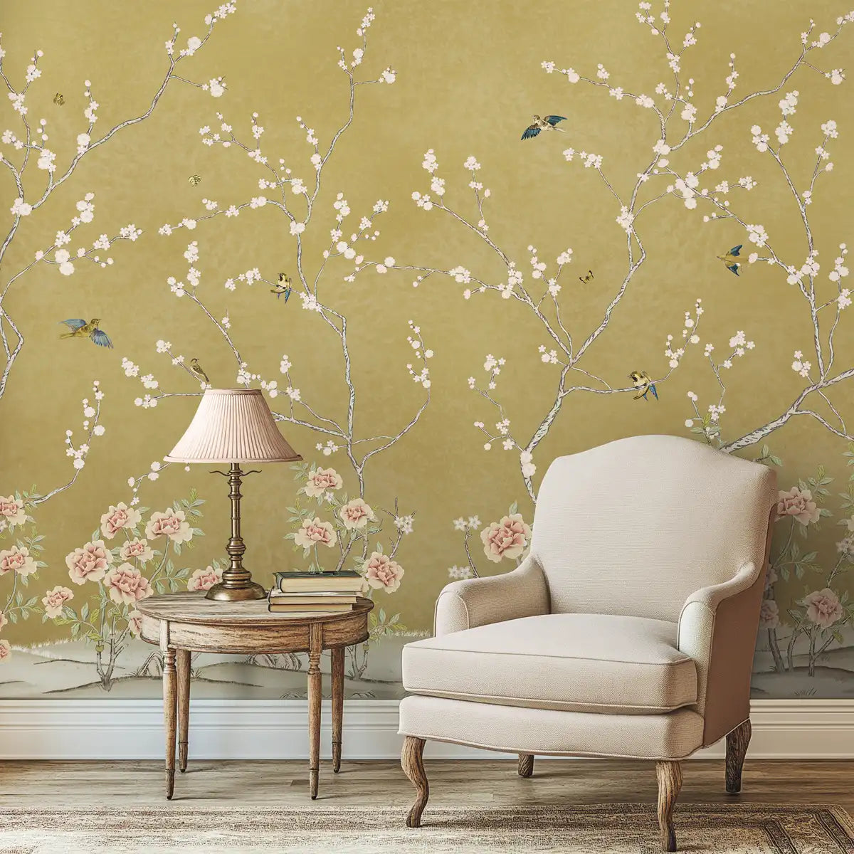 Golden Hour Amra Bagh chinoiserie wallpaper featuring elegant birds, foliage, and warm golden light inspired by classic chinoiserie art