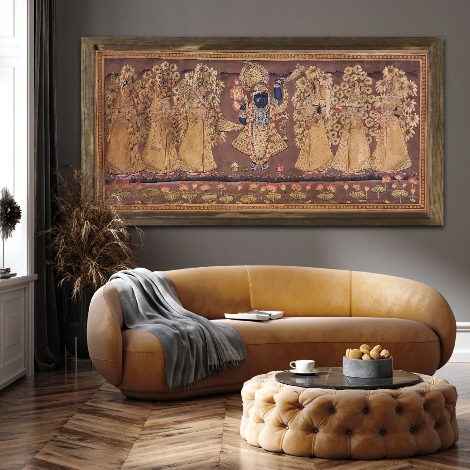 Golden Pichwai artwork of Lord Shrinathji with gopis displayed as traditional Indian wall art