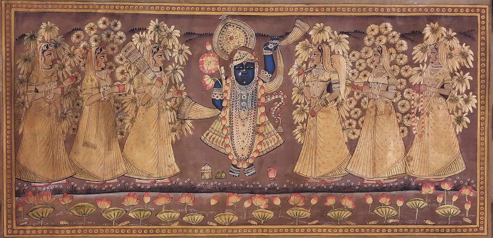 Golden Pichwai painting depicting Lord Shrinathji surrounded by gopis in a devotional composition