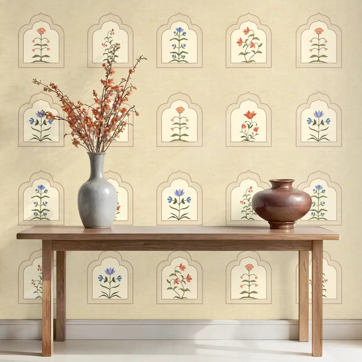 Elegant floral wall design inspired by Golestan showcasing framed blossoms and a balanced, decorative composition