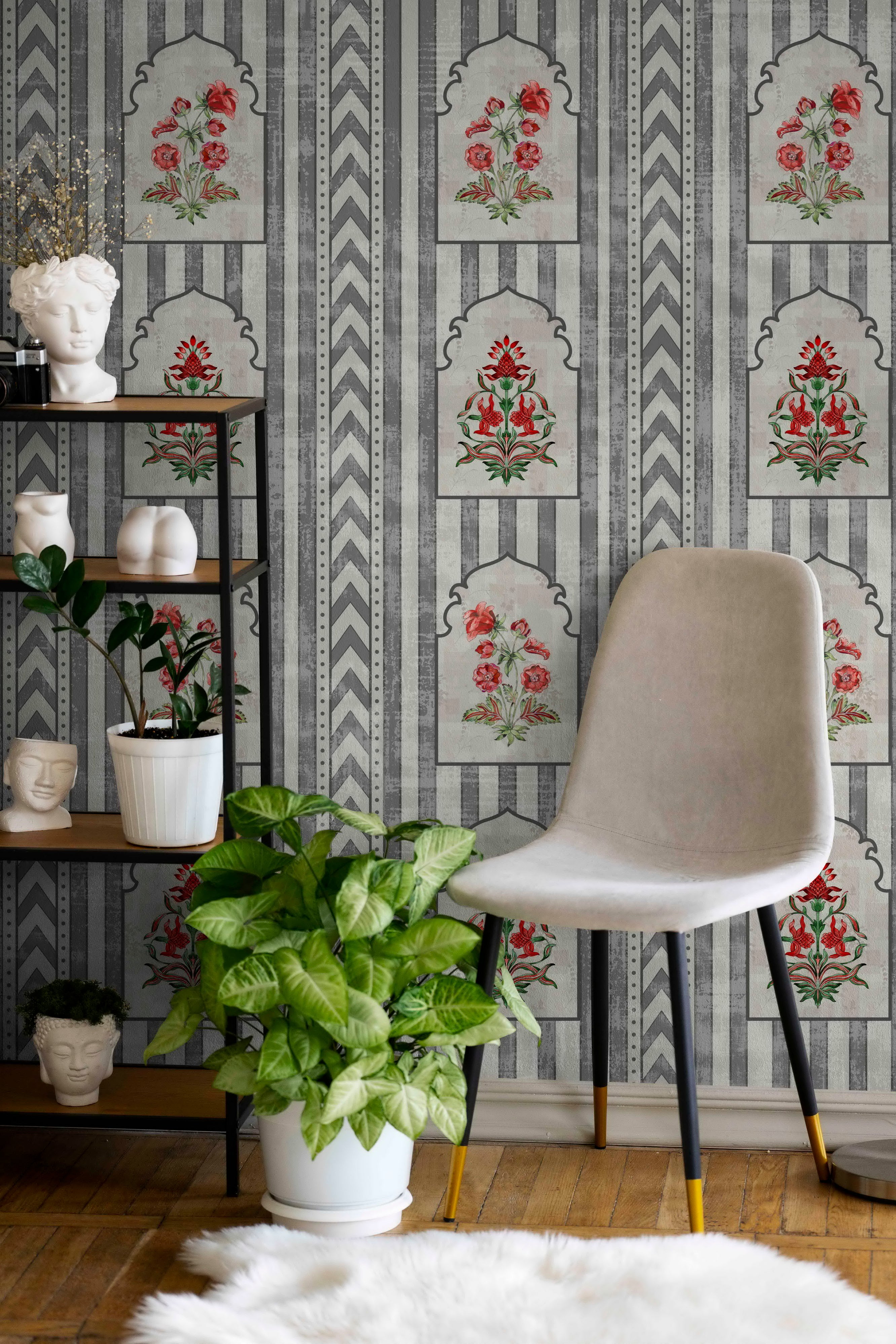 Expansive rose arches wall mural designed with Gulab Dwaar inspired forms to create a romantic and elegant interior statement
