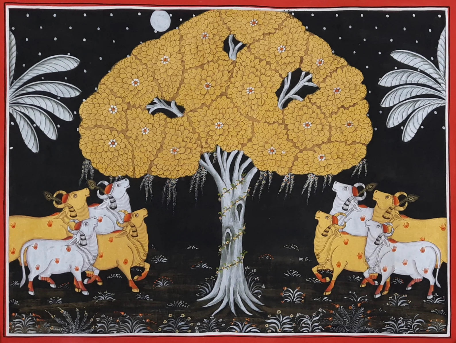 Hand-painted Cows Pichwai painting featuring sacred cows beneath a stylised tree