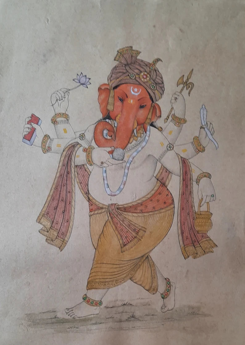 Handmade painting of Lord Ganesha depicted in traditional Indian art style