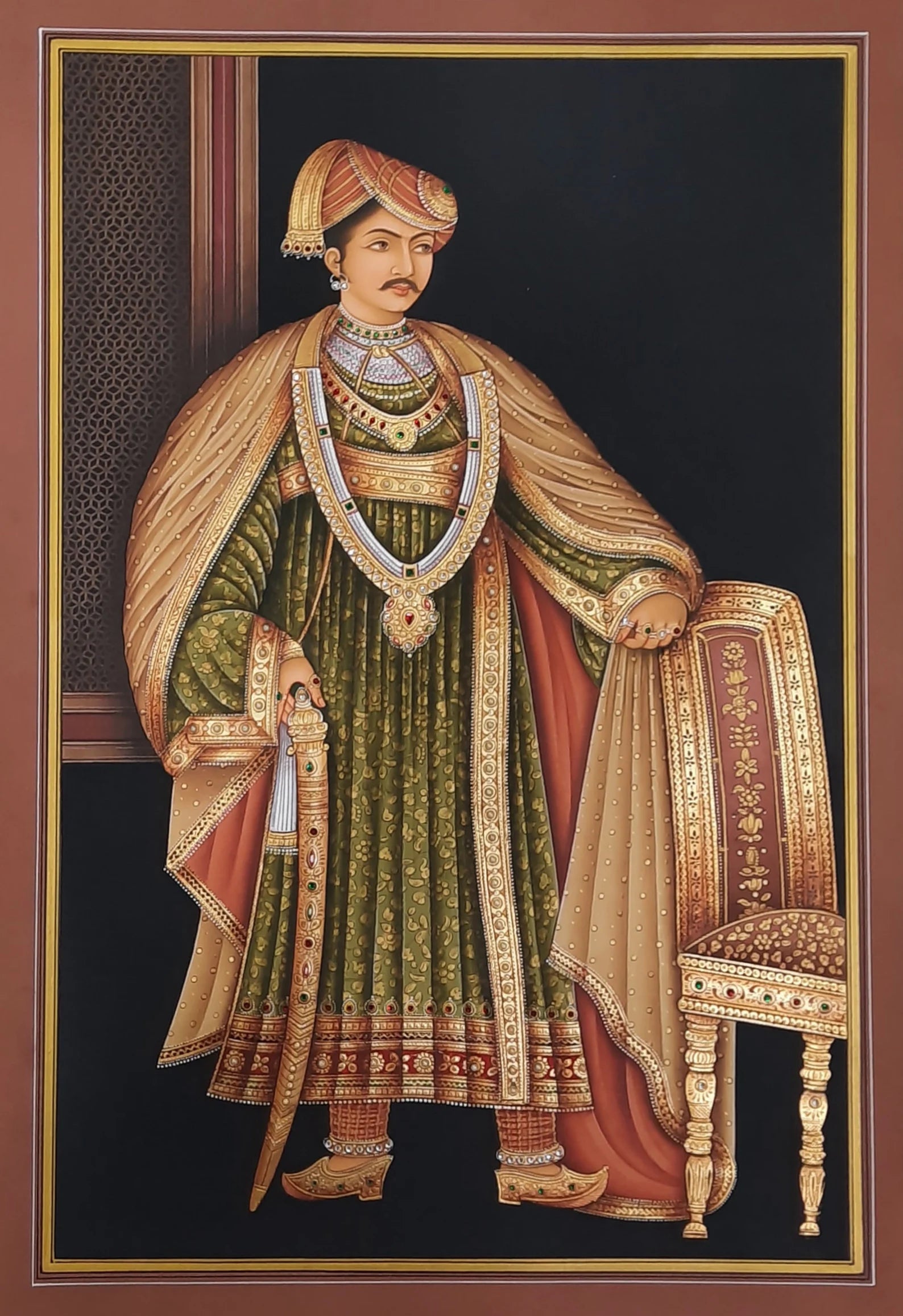 Handmade Indian miniature painting depicting a royal king in traditional attire