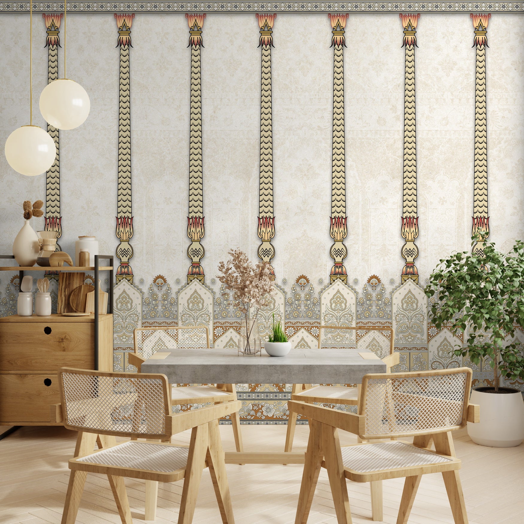 Heritage columns inspired wall design featuring Stambh motifs with classical architectural detailing and refined traditional elegance
