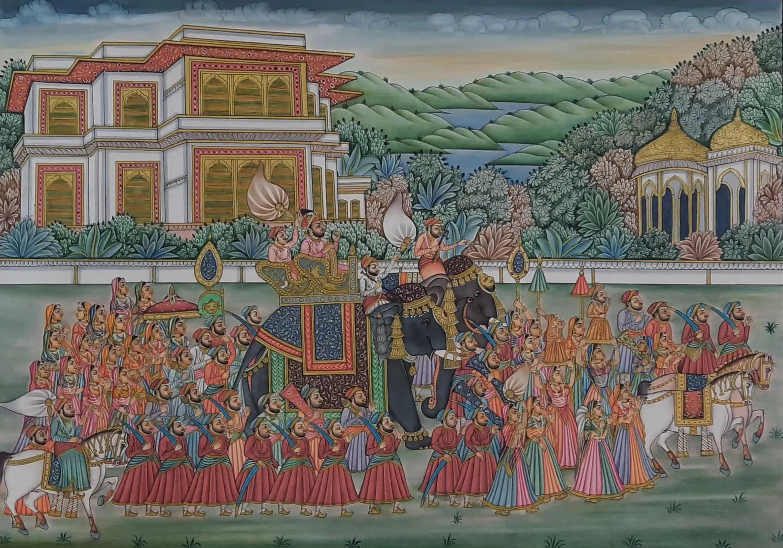 Rajasthani miniature artwork showing a king’s procession with attendants in a detailed palace landscape