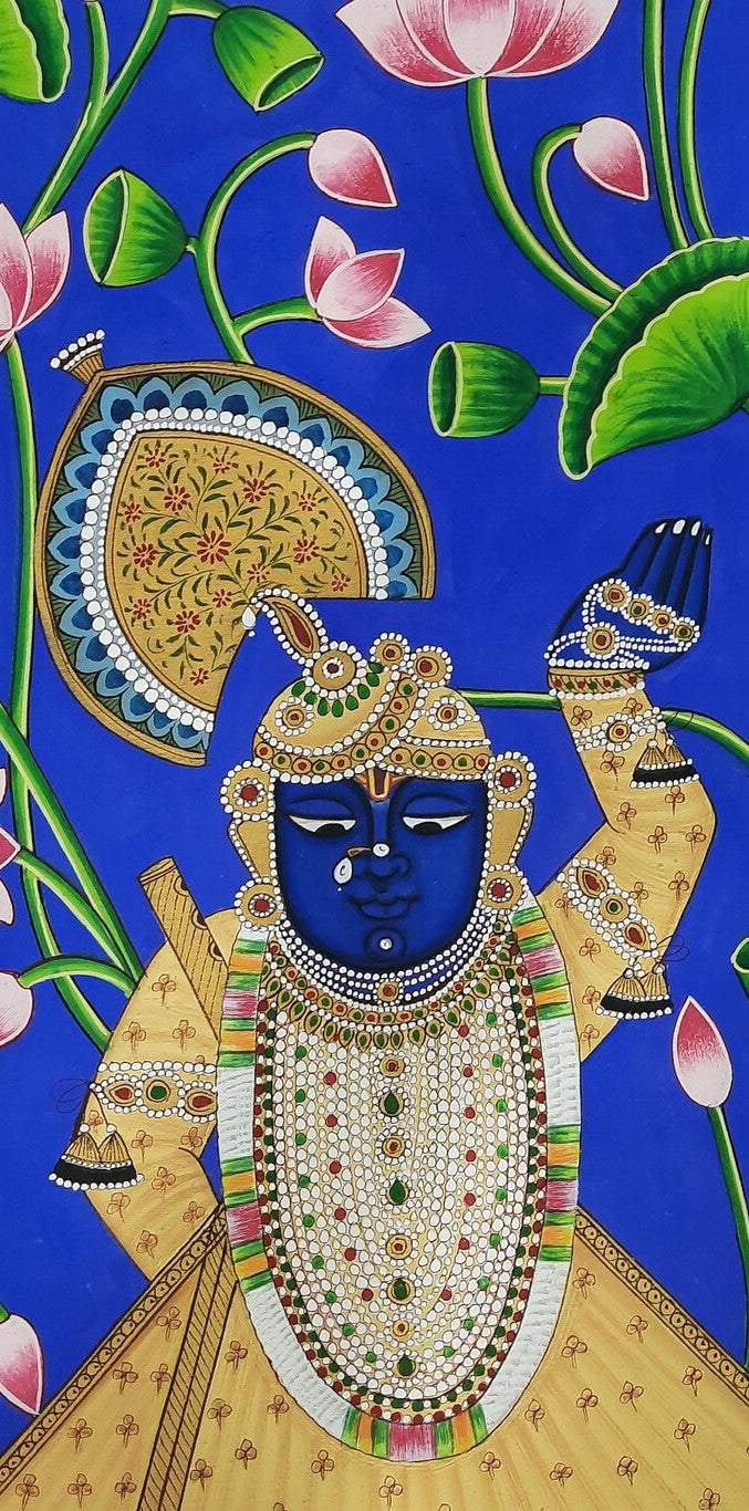 Pichwai- Lord Shrinathji in Blue- In 24k Gold