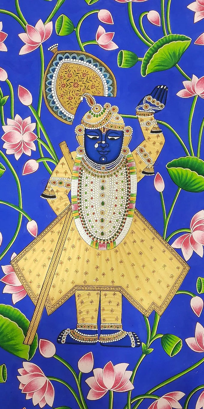 Pichwai- Lord Shrinathji in Blue- In 24k Gold