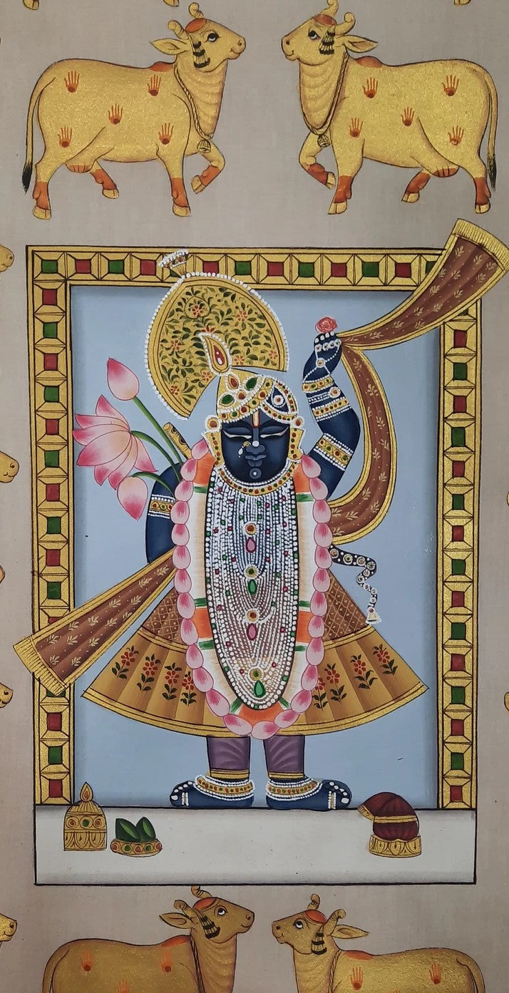 Pichwai Painting- Lord Shrinathji with Golden Cows in 24k Gold