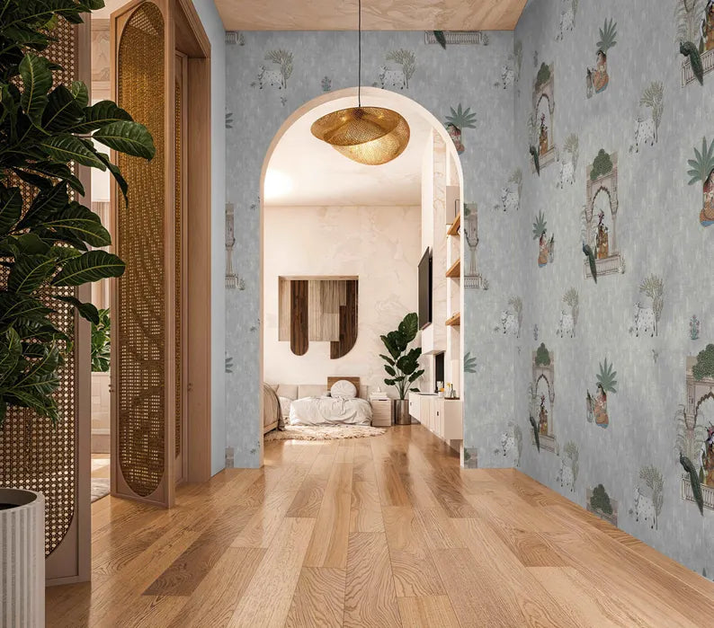 Sacred Tapestry Pichwai wallpaper - Customized indian traditional wallpaper with Radha-Krishna and Cows for living room