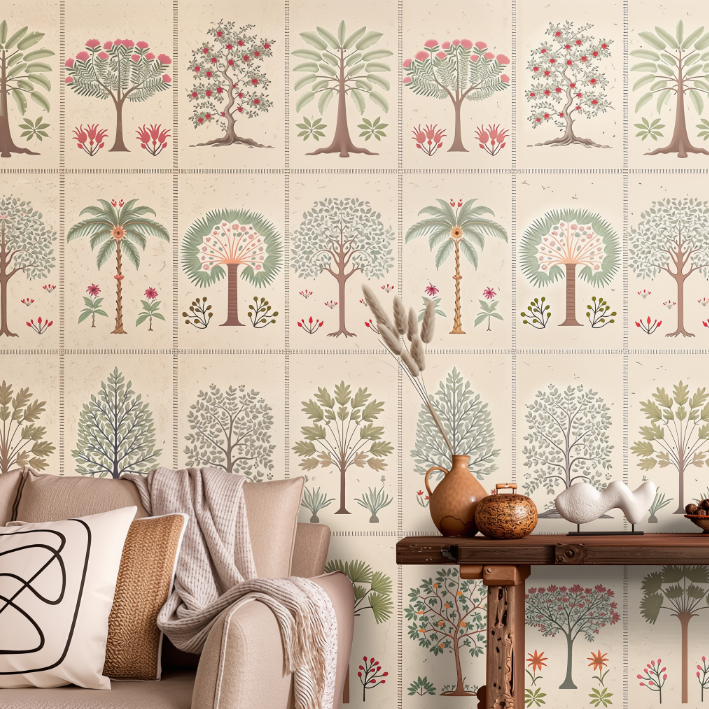 Indian botanical wall mural styled as a living room wallpaper, featuring hand-drawn florals and vines for a serene and elegant home setting.