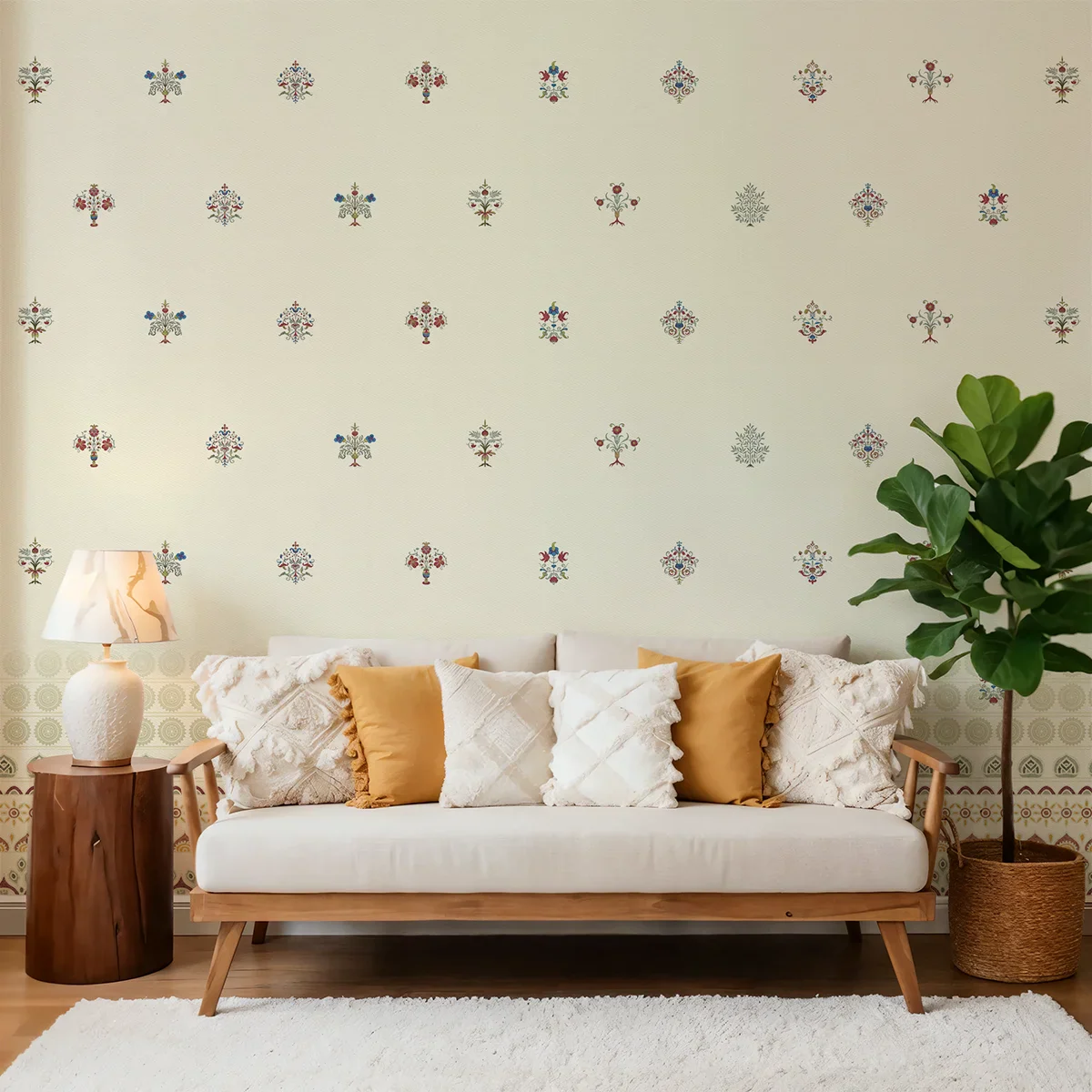 Indian motif wall mural styled as a living room wallpaper in golden yellow tones, blending heritage geometry with a bright, welcoming interior aesthetic.