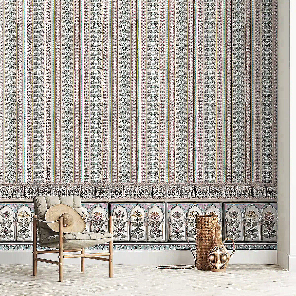 Divine Silhouette: “Pushpanjali” Wallpaper | Green & Pink