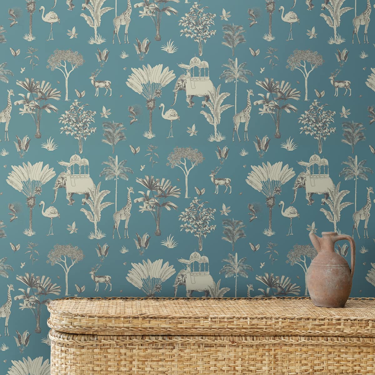 Vintage indigo floral wallpaper inspired by Indian block prints and fresco art, featuring delicate botanical motifs in deep blue tones.