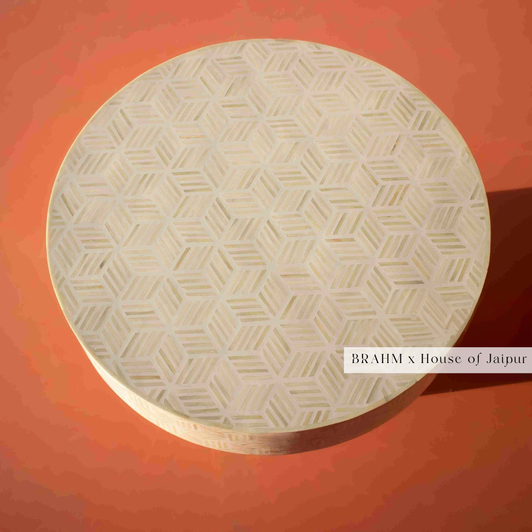 Bone Inlay Coffee Table White Geometric Design