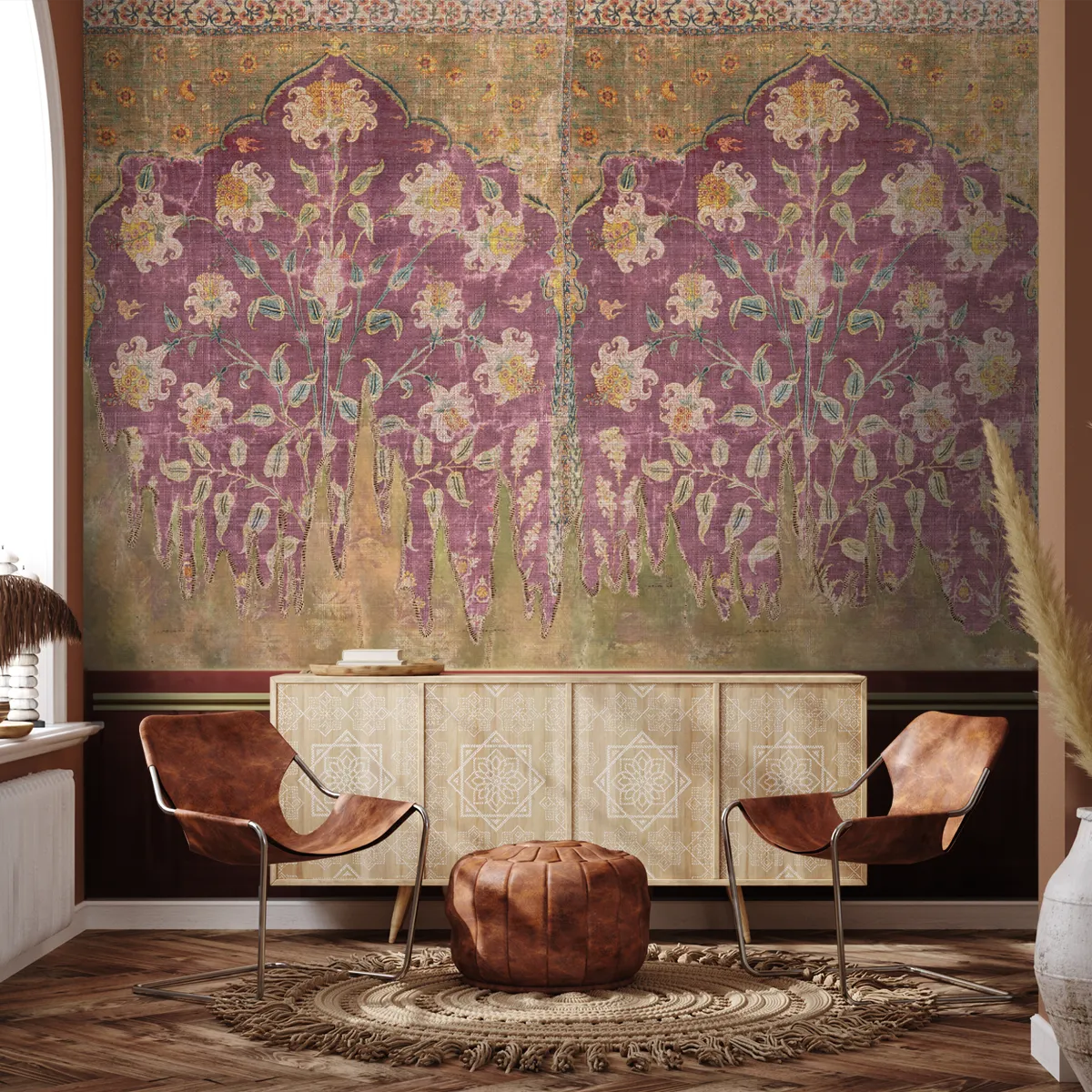 Textile inspired wall design in pink hues with smooth silk like flow and refined visual depth