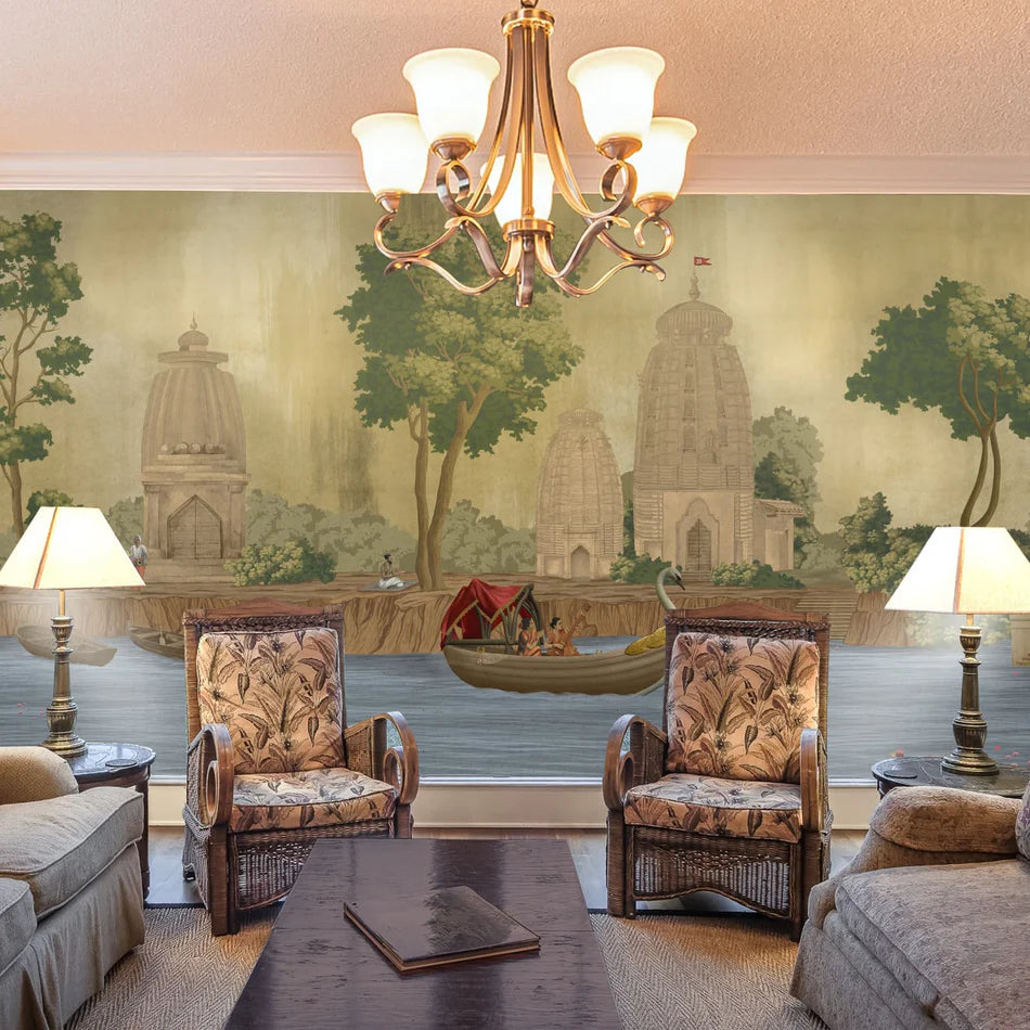 Kashi Reverie Golden Sepia luxury wallpaper - Customized Indian temple wallpaper for living room