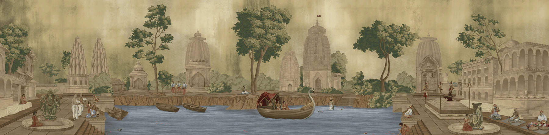 Panoramic Varanasi wall mural inspired by the Ganges river, a sacred Indian wallpaper designed for large accent walls and statement spaces.