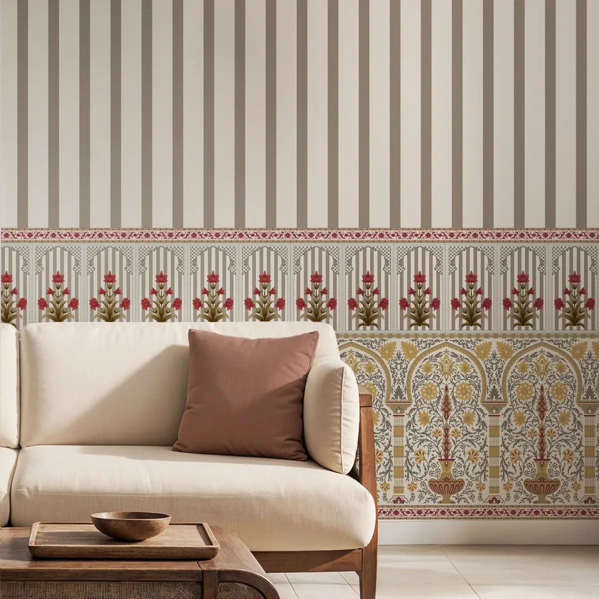 Kesar Sublime Blossoms wallpaper showcasing delicate florals with rich saffron inspired hues and timeless elegance
