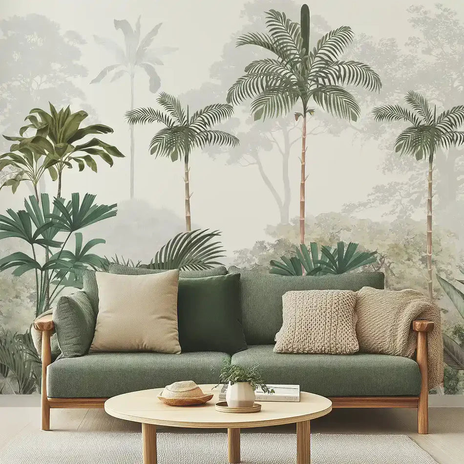 Kerala-inspired botanical wall mural with palm trees, styled as a calming living room wallpaper for modern Indian and coastal home interiors.