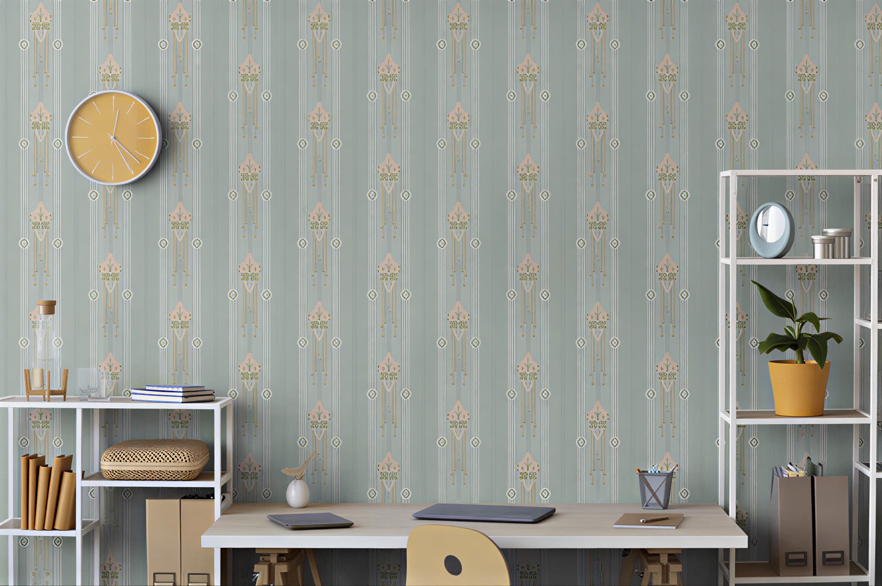 Modern botanical wallpaper with linear floral pattern blending geometry and organic forms