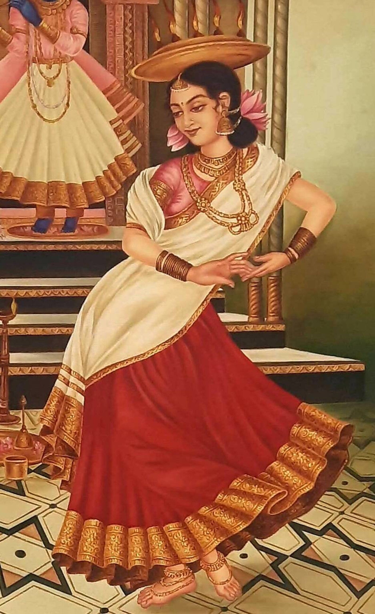 Detailed view of a handmade Lord Krishna oil painting highlighting rich colors